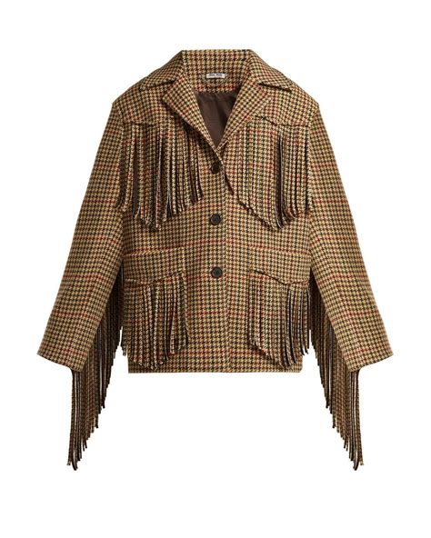 miu miu houndstooth fringe jacket|Miu Miu logo.